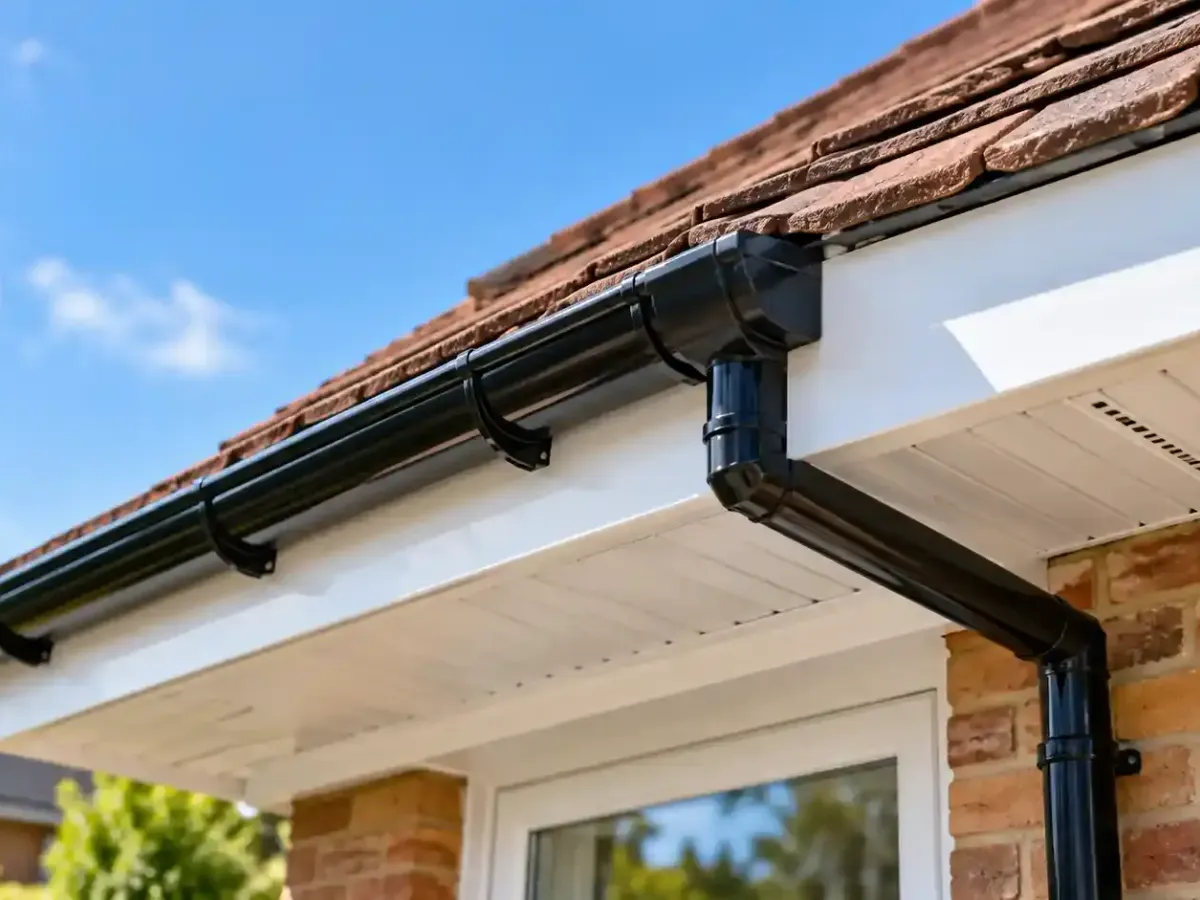 White uPVC fascia and vented soffit with black guttering and downpipe on a tiled residential roof.