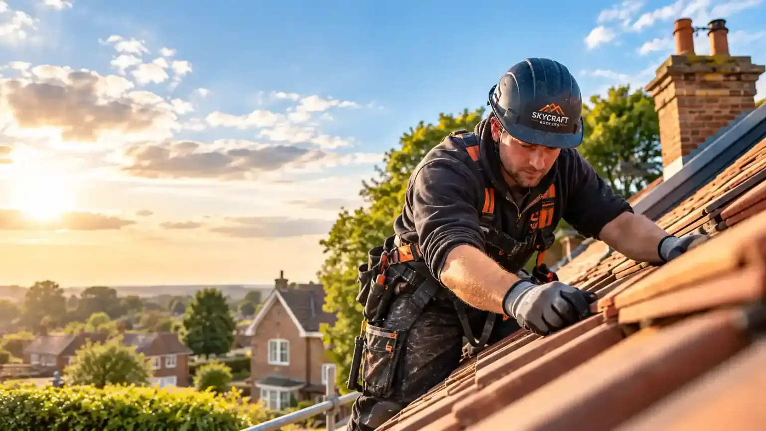Skycraft roofer working on a tiled roof at golden hour