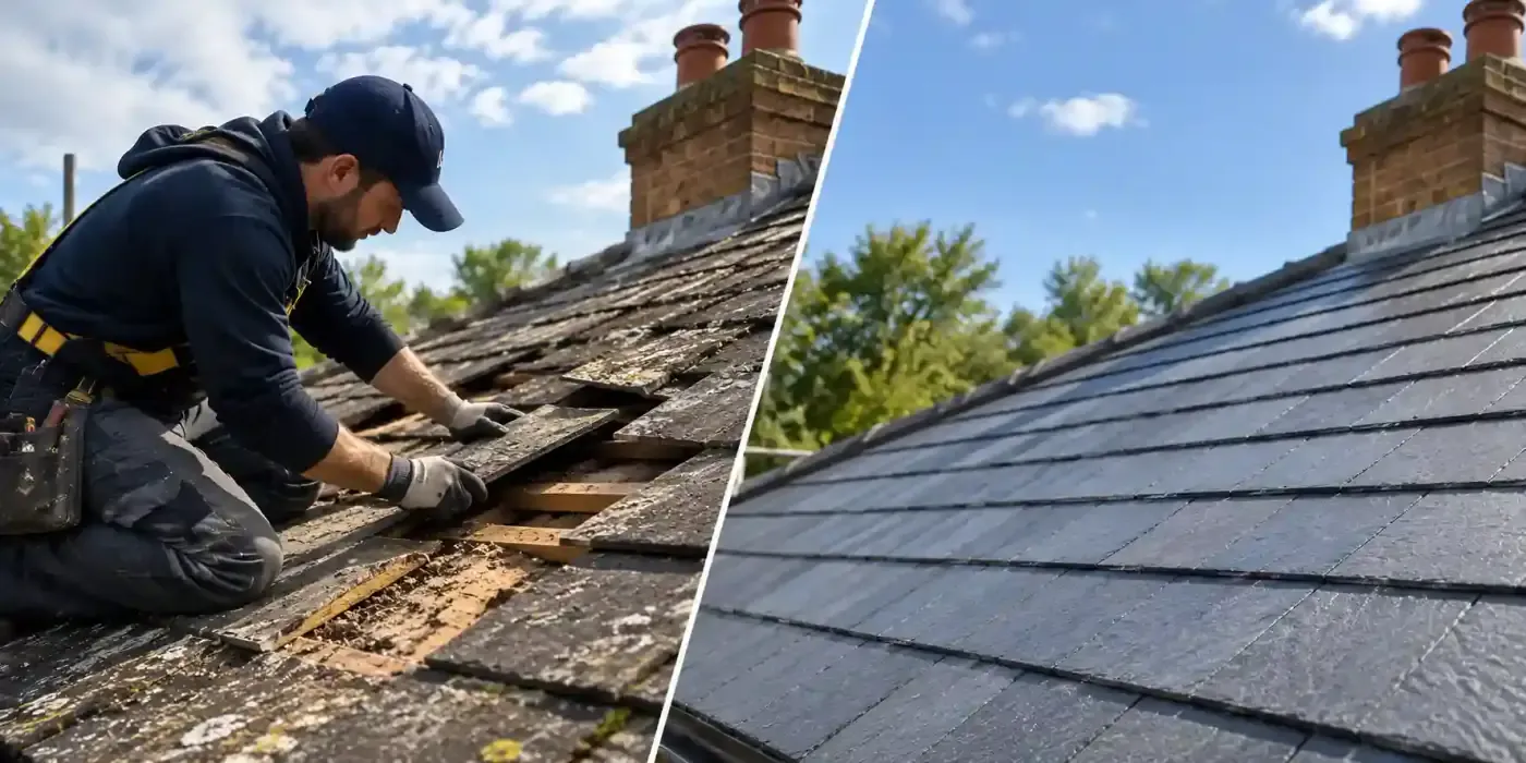 Illustrative comparison of a roofer repairing damaged roof tiles and a completed tiled roof.